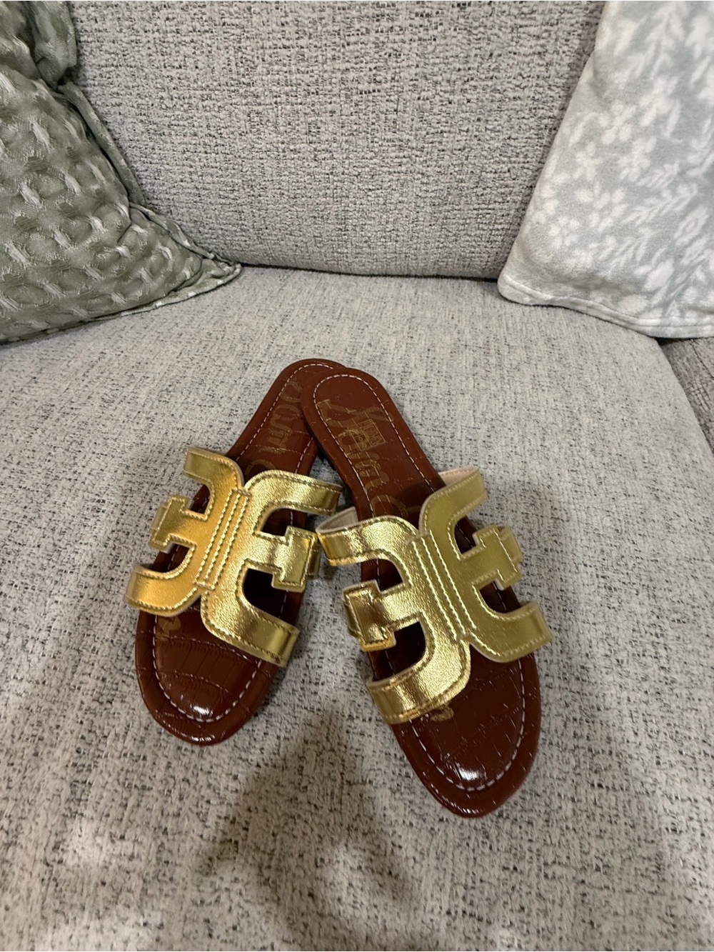 Sam Edelman Metallic Gold Slide Sandals with Brown Footbed